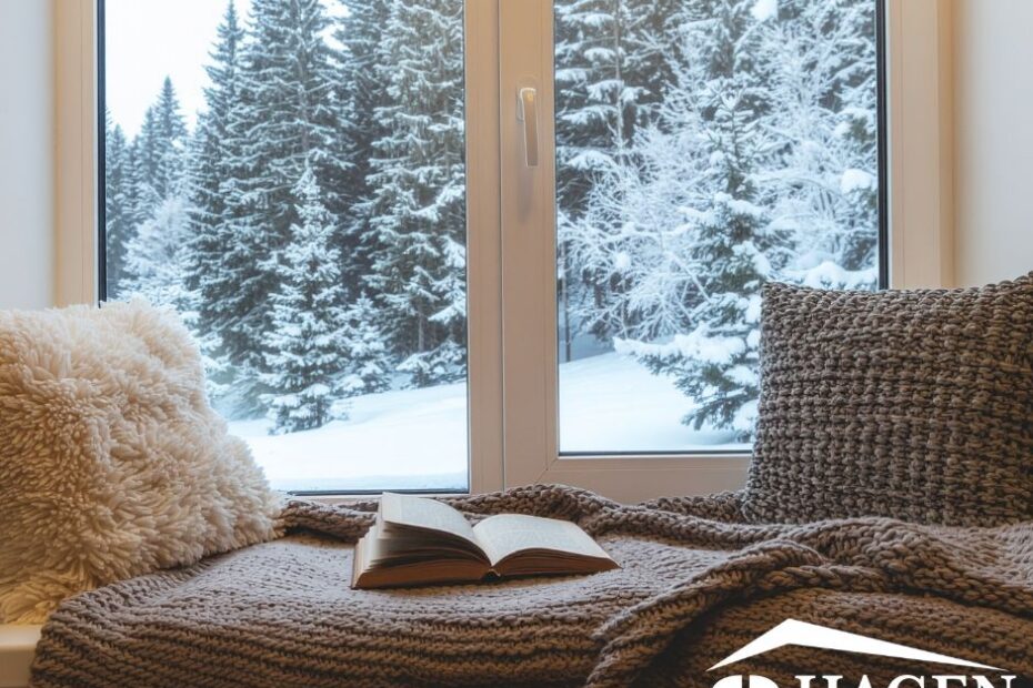 Image of cozy setting with winter, snow-covered trees outside of the window.
