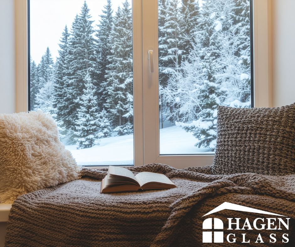 Image of cozy setting with winter, snow-covered trees outside of the window.